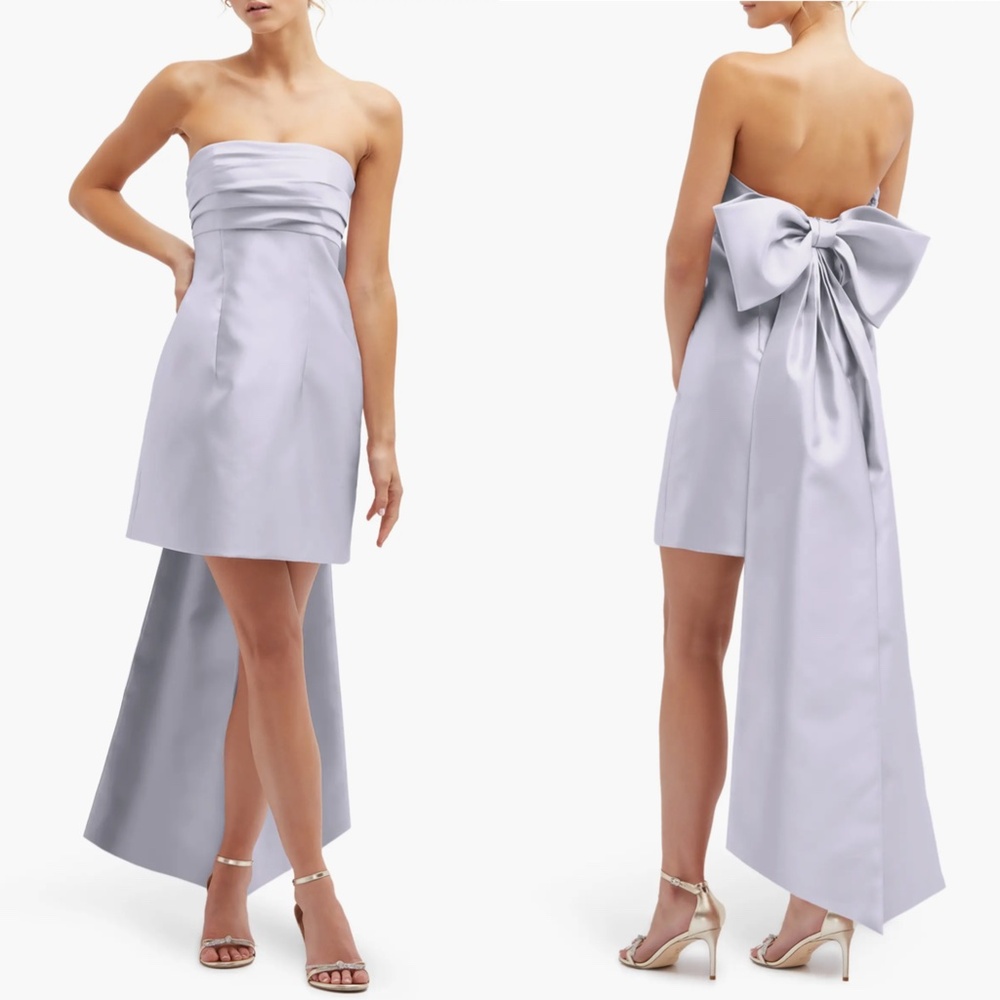 D697 NEW ALFRED SUNG Silver Dove OVERSIZE BOW BACK Strapless SATEEN Mini DRESS 8